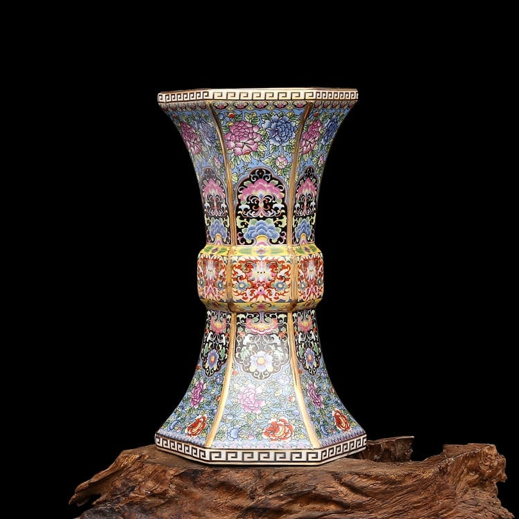 Esmalte Qianlong Año de la Dinastía Qing Jarrón Hexagonal Dorado Porcelana Antigua Colección de Porcelana Antigua