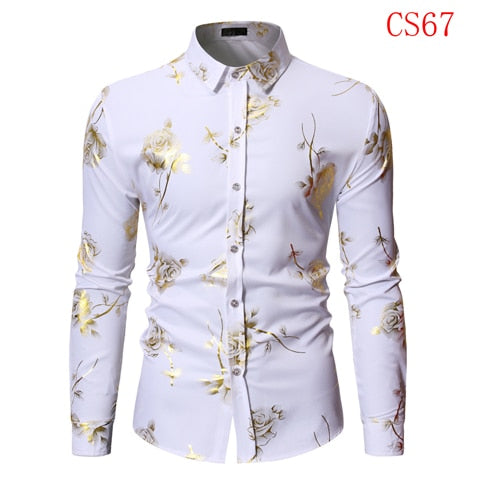 Camisas con estampado floral de rosas doradas para hombre Marca Floral Steampunk Chemise Blanco Manga larga Fiesta de bodas Bronceado Camisa Masculina