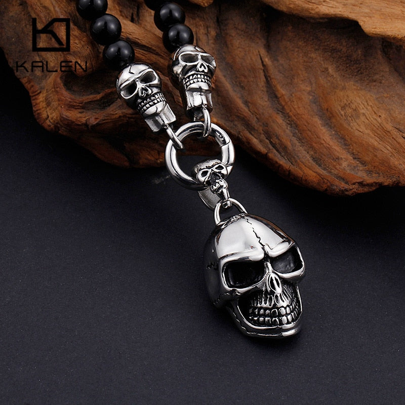 KALEN African Glass Beads 47cm 50cm 60cm 75cm Chain Necklaces Men Punk Stainless Steel Skull Pendant Statement Choker Jewelry