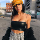 Lässiges PU-Leder Soild Camisole Femme Slash Neck Damen Streetwear Crop Top Chic Ring Straps Bodycon Schwarz Skinny Camis Sommer