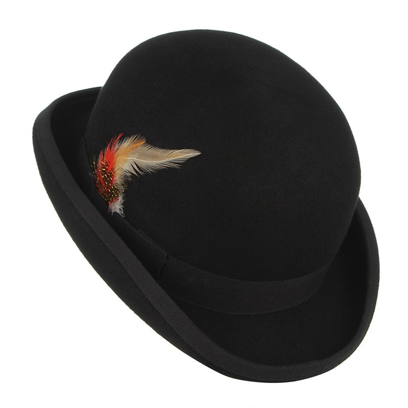 GEMVIE 4 Größen, 100 % Wollfilz, schwarzer Derby-Bowler-Hut für Männer und Frauen, Feder, Satin, Futter, lässig, formeller Fedora