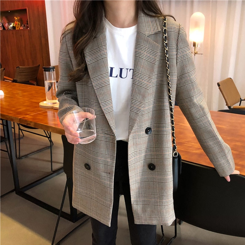 Office Ladies Notched Collar Plaid Women Blazer Double Breasted Autumn Jacket 2021 Casual Pockets Female Suits Coat