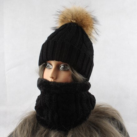 2021 Womens Hat With Scarf Warm Fleece Inside Beanie Girls Winter Cap For Women Real Mink Fur Pompom Hat Female Knitted Caps