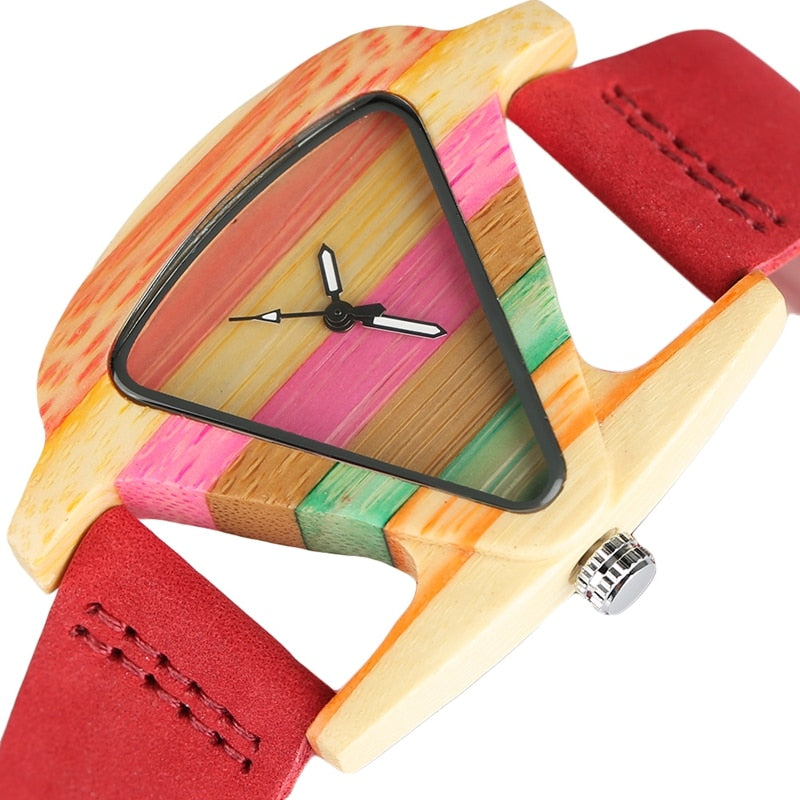 Unique Colorful Wood Watch Creative Triangle Shape Dial Hour Clock Women Quartz Leather Bracelet Watch Women&