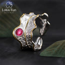 Lotus Fun Ring aus echtem 925er Sterlingsilber mit natürlichen Turmalin-Edelsteinen, feiner Schmuck, verstellbare Pfingstrosenblattringe für Frauen, Bijoux