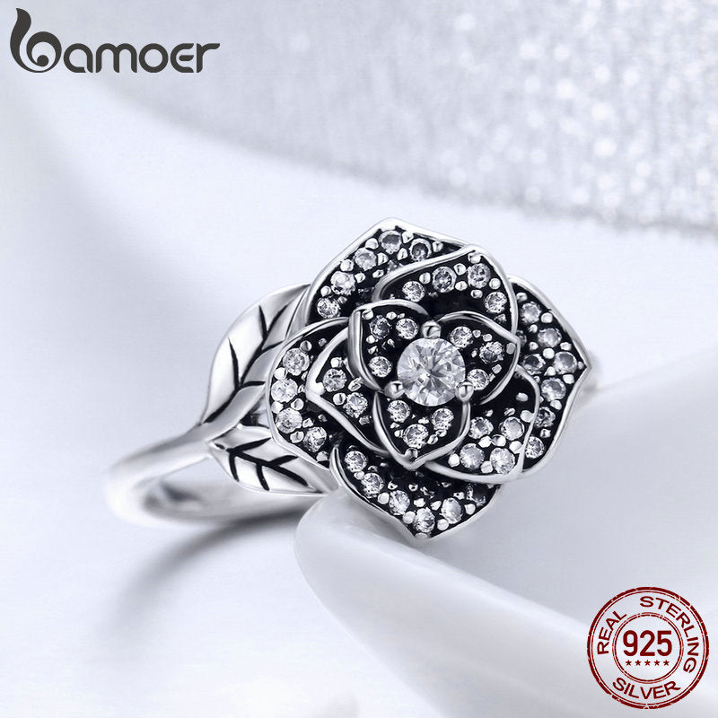 BAMOER 100% Plata de Ley 925 Rosa flor deslumbrante CZ hoja de árbol anillos de dedo para mujer boda compromiso joyería regalo SCR382