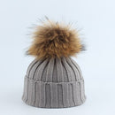 Kinder Echtpelz Bommel Beanie Warme Strickmütze und Schal Set Jungen Mädchen Winter Baby Mütze