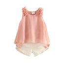 2023 Casual Cute 2 3-4 6 8 10 Jahre Einfarbig Schleife Blume Ärmelloses T-Shirt + Shorts 2-teiliges Baby-Kind-Mädchen-Sommer-Kleidungsset