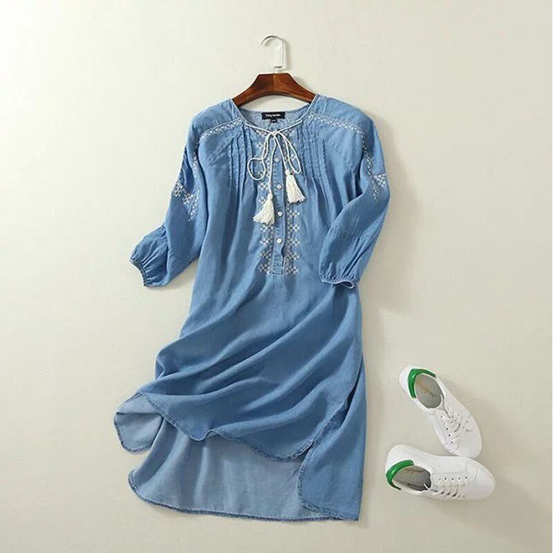 Ethnic Embroidery Denim Dresses Women Wrist Sleeve O-Neck Casual Shirt Dress Spring 2021 Plus Size Vestido Jeans Feminino