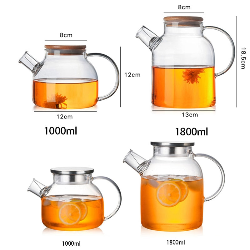 1000ml/1800ml Glass Kettle Water Jug Heat Resistant Flower Teapots with Bamboo Lid Stainless Steel Cover Clear Juice Container