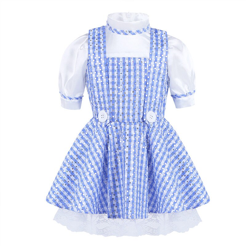 2017 Cute Blue Kids Girl Short Sleeves Polka Dots Plaid Newborn Baby Toddler Girls Halloween Costume Cosplay Party Dress 12 M-8Y