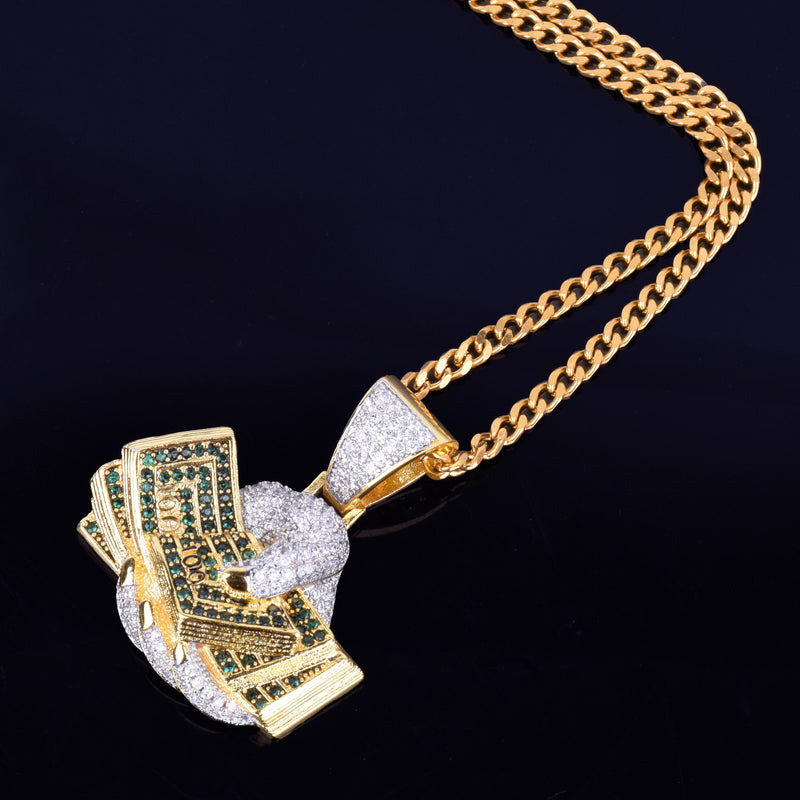 Mano dinero dólar collar y colgante Color oro AAA Cubic Zircon Hip Hop Rock joyería