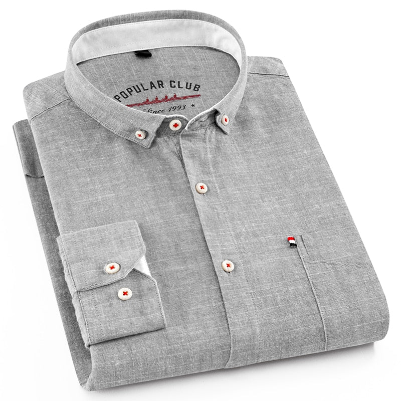 Camisa de ajuste regular para hombres Línea de algodón Manga larga Vestido de negocios suelto Camisa con botones de color puro Hombres Azul Blanco Tops Camisa Hombre L