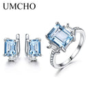 UMCHO 925 Sterling Silber Schmuck Sets für Frauen Edelstein Himmelblau Topas Ring Clip Ohrringe Weibliche Hochzeit Verlobungsschmuck