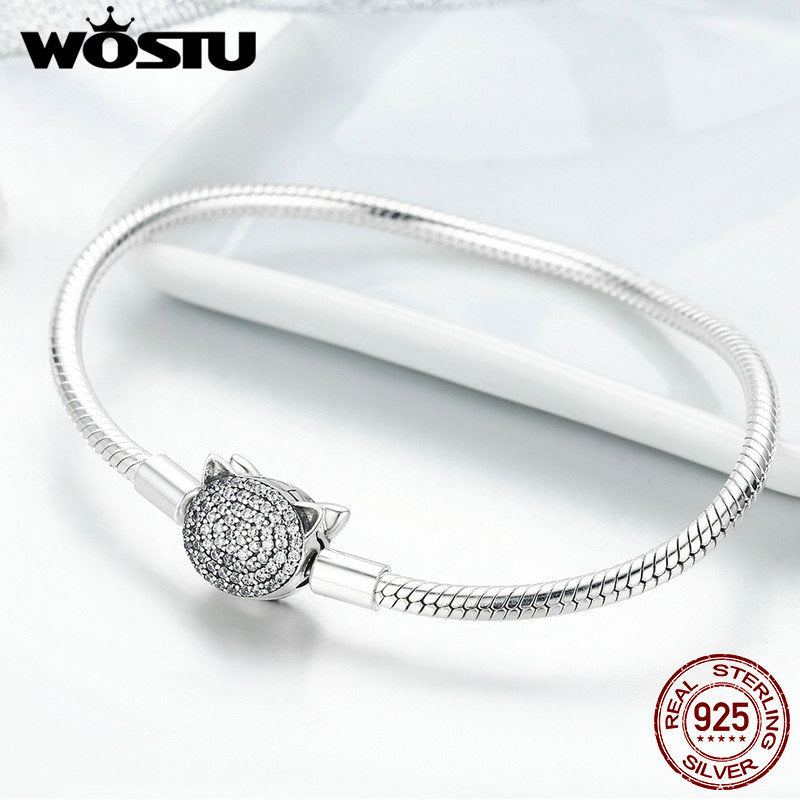 WOSTU auténtica 100% Plata de Ley 925 lindo gato brillante CZ serpiente Strand cadena pulseras brazalete para mujer joyería de plata