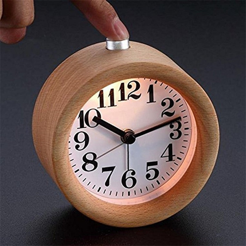 Handmade Classic Small Round Wood Silent Light Desk Alarm Clock With Desk Lamp for Home dropshipping