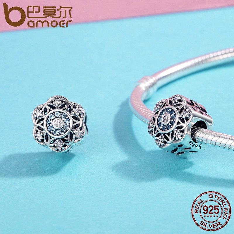 BAMOER High Quality Authentic 925 Sterling Silver Romantic Snowflake, Dazzling CZ Beads fit Charm Bracelet Bangle Jewelry SCC247