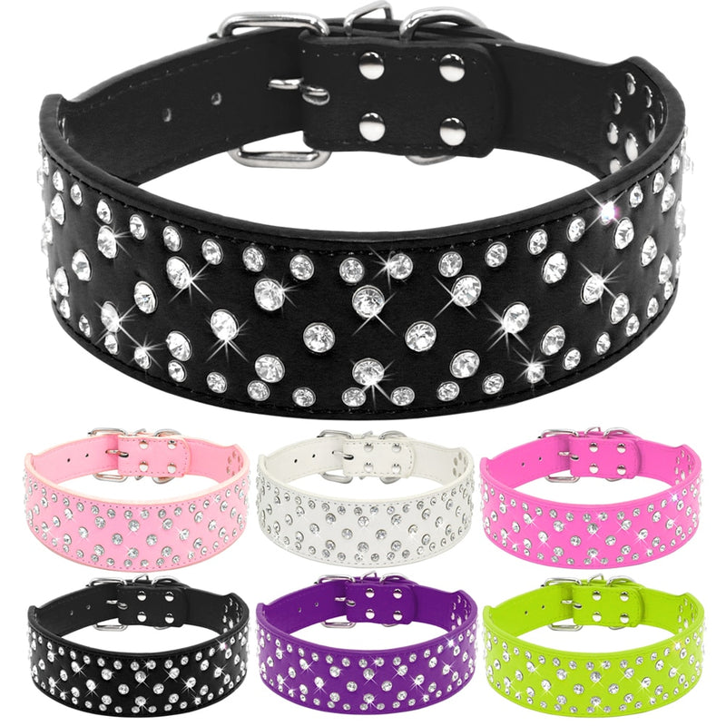 Rhinestone Leather Dog Collars For Large Dogs Sparkly Crystal Diamonds Studded Pet Collars For Medium to Big Dogs Pitbull Pink