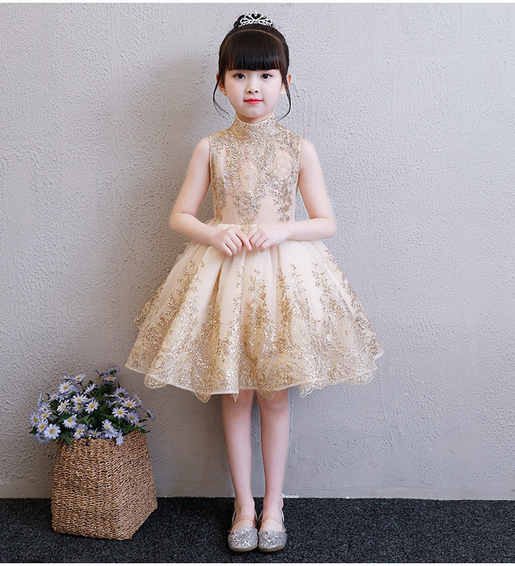 Elegant Golden Tulle Flower Girl Dress Party Kids Pageant Gown Princess Wedding Dress Sleeveless First Communion Dresses 1-14T