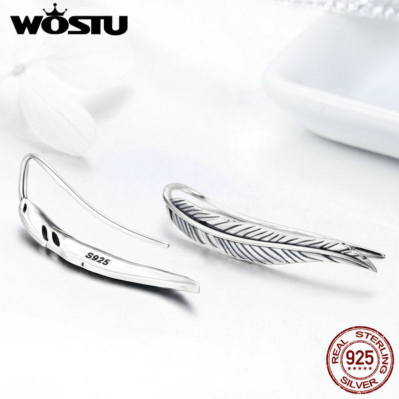 WOSTU Romantic 925 Sterling Silver Vintage Feathers Retro Wings Stud Earrings for Women Luxury Silver Jewelry Gift CQE258