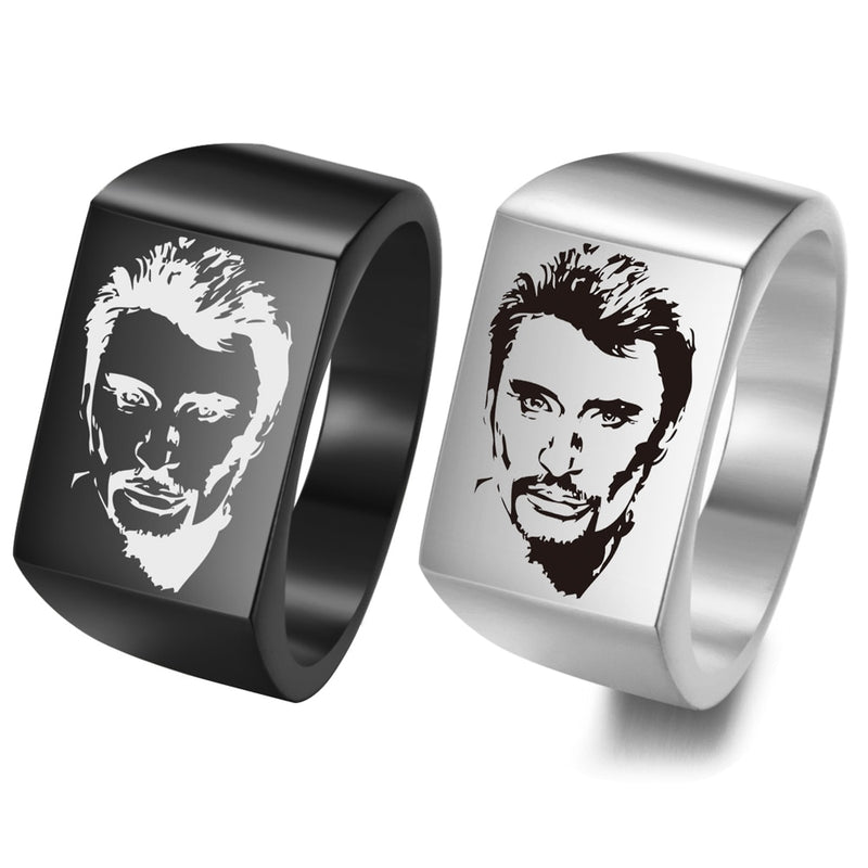 Johnny Hallyday Photo Punk Rock Wide Rings Signet for Men Males Finger Jewelry Stainless Steel Hip Hop