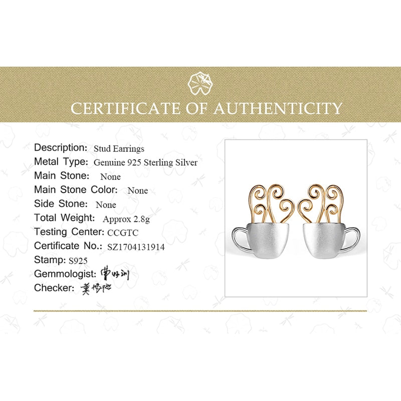 Pendientes Lotus Fun de plata de ley 925 auténtica, joyería fina hecha a mano Original, pendientes de tuerca a la moda con taza de café caliente para regalo de mujer