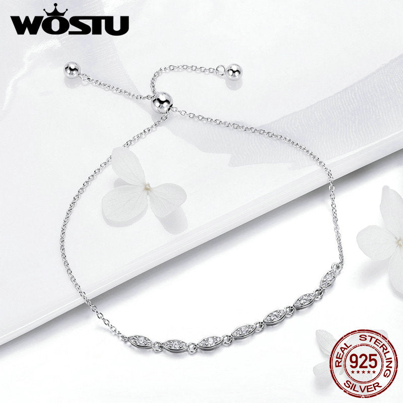 WOSTU Hot Sale 925 Sterling Silver Chain Glitter Stackable Oval CZ Stone Adjustable Women Bracelet Luxury Silver Jewelry CQB086