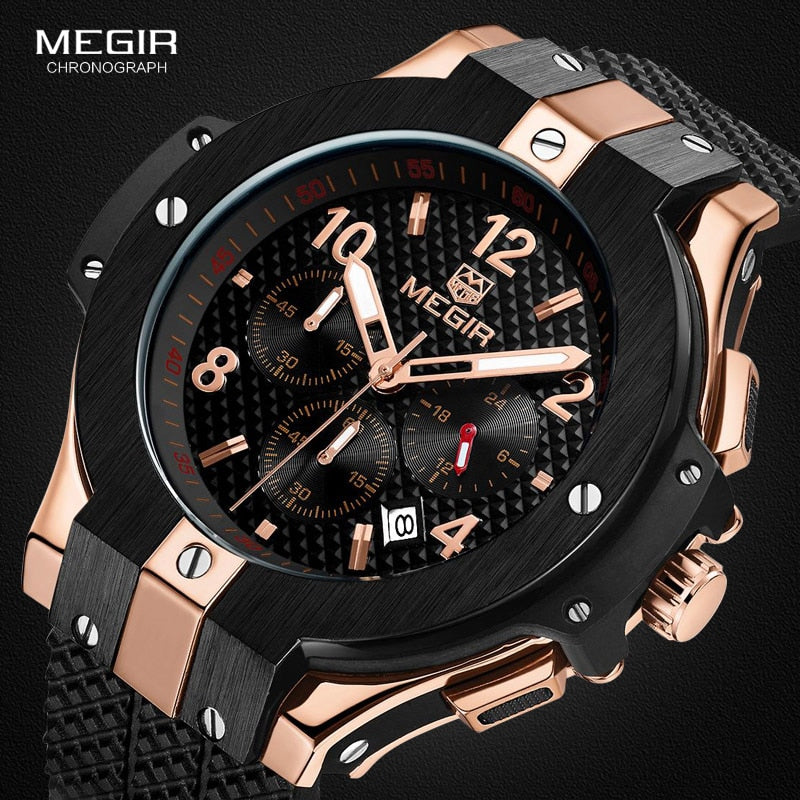 Relojes de pulsera de cuarzo con cronógrafo deportivo militar para hombre, cronómetro militar de silicona negra, reloj Masculino 2050G