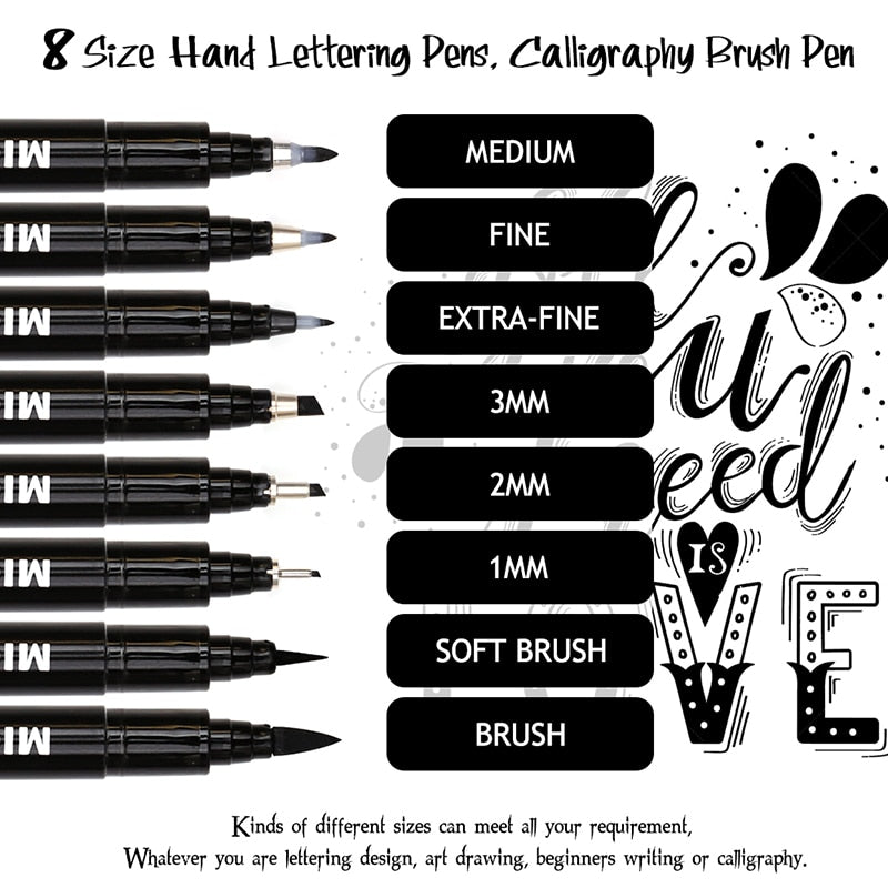 8Pcs Hand Lettering Pens Neelde Drawing Line Calligraphy Pen Waterproof Pigment Sketch Markers Pen For Design Art Supplie