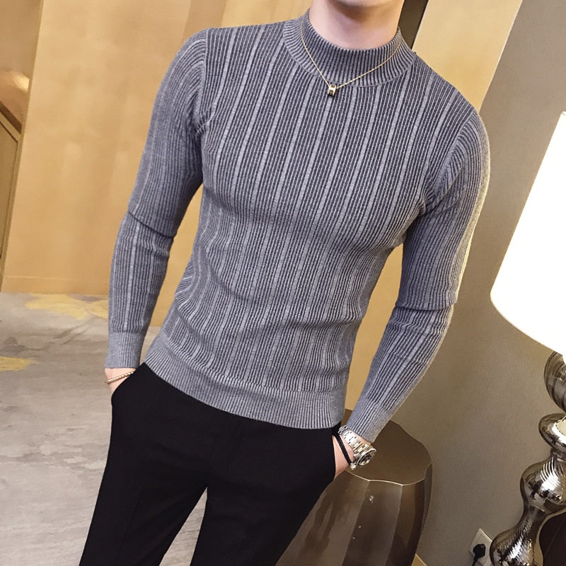 Pullover Herren Pullover 2022 Korean Casual Striped Solid Pullover Herren Halbhoher Kragen Stretch Enger Pullover Slim Fit Strickoberteile