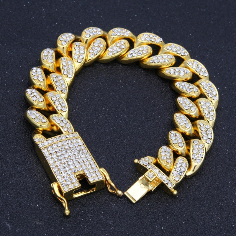 2cm HipHop-Goldfarbe Iced Out Crystal Miami Cuban Chain Gold Silberfarbe Halskette &amp; Armband-Set HEISSER VERKAUF DER HIPHOP-KÖNIG