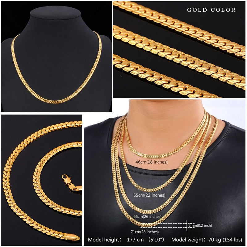 U7 Men Chunky Snake Curb Chain Necklace Gold Plated Black Tone Link Necklace for Men Women 6 /9mm 18" -30" Inches  N08