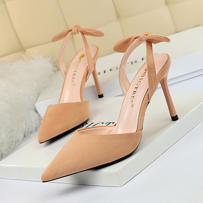 Korean fashion slim heel, super high heel, suede, shallow, pointed, hollowed-out, small bow-tied sandals