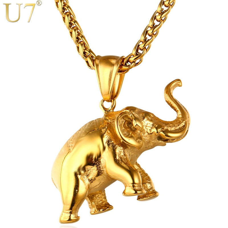 U7 Edelstahl Gold Farbe Elefant Halskette Trendy Männer Schmuck Charm Anhänger &amp; Kette Tier Glück Schmuck Geschenk P755