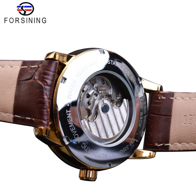 Forsining Mondphase Automatikuhr Royal Herren Golden Wasserdicht Mechanische Armbanduhr Casual Echtleder Tourbillon Uhr