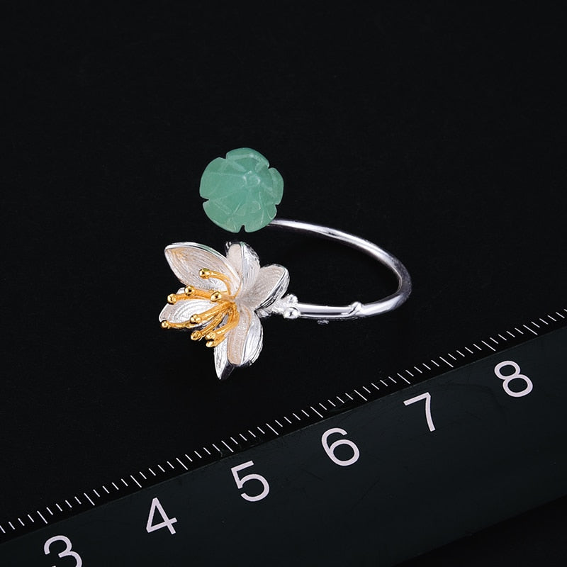 Lotus Fun Real 925 Sterling Silver Natural Aventurine Gemstones Flower Ring Joyería fina Lotus Whispers Anillos para mujeres Bijoux