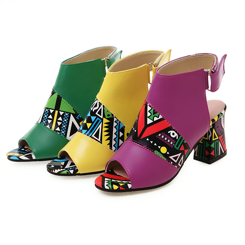Sandalias con estampado elegante para mujer, botas con punta abierta y hebilla, zapatos de gladiador de tacón alto de verano para mujer, sandalias amarillas y verdes para mujer 2022