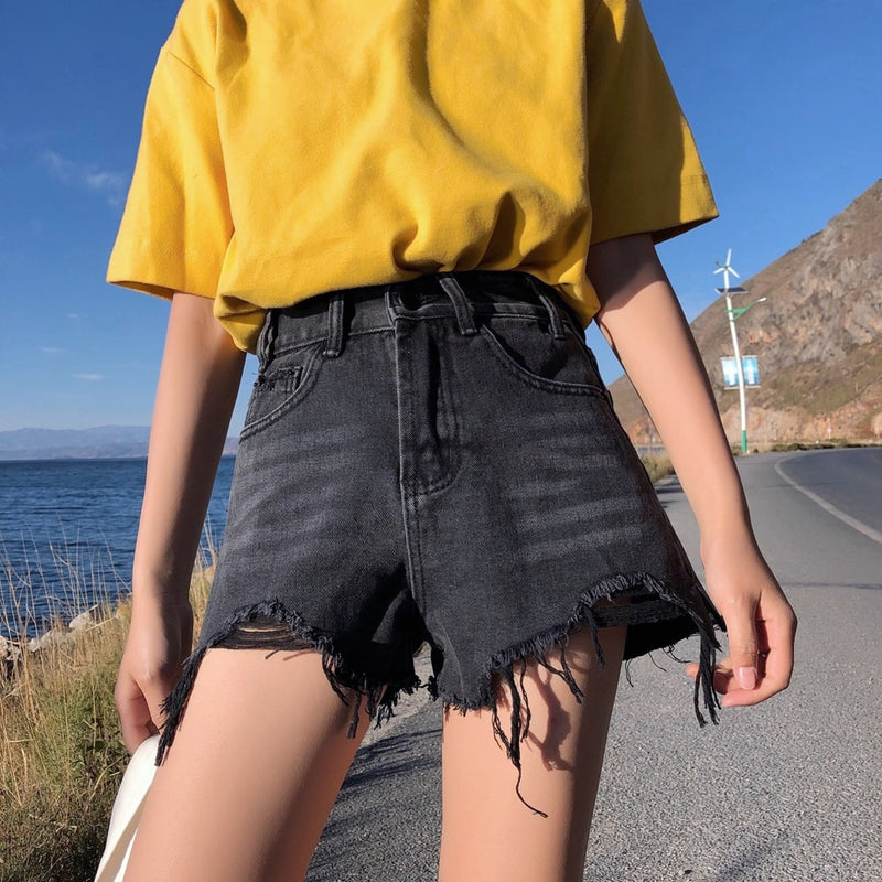 Streetwear Denim Shorts für Frauen 2022 Sommer hohe Taille zerrissene coole blaue und schwarze Shorts mit Quastentaschen Mini Short Jeans