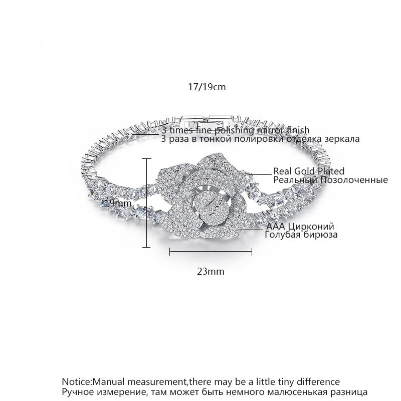 LUOTEEMI Luxury Big Rose Flower 17/19CM Bracelet for Women Ladies Shining AAA Cubic Zircon Fashion Crystal Jewelry Gift Bangles