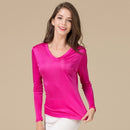 SuyaDream Damen T-Shirt Naturseide Lange Ärmel V-Ausschnitt Solides Basic Shirt Rosa Blau Lila Bottoming Top