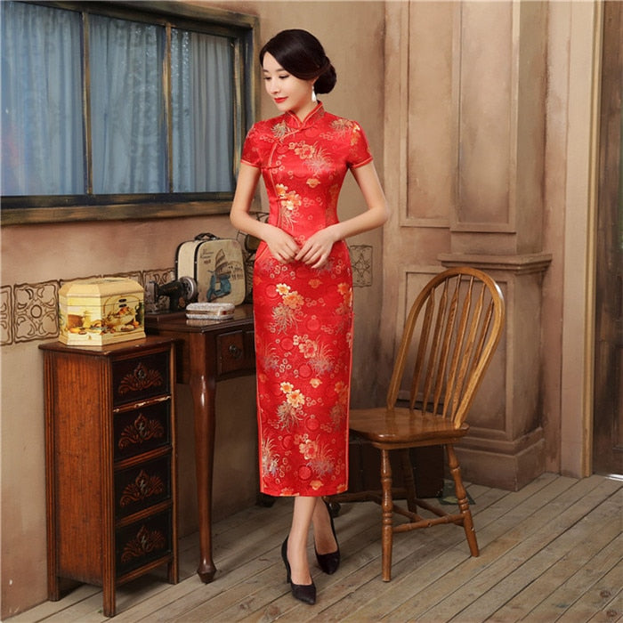 2021 New High Fashion Grün Rayon Cheongsam Chinesische Klassische Frauen Qipao Elegant Kurzarm Neuheit Langes Kleid S-3XL C0136-D