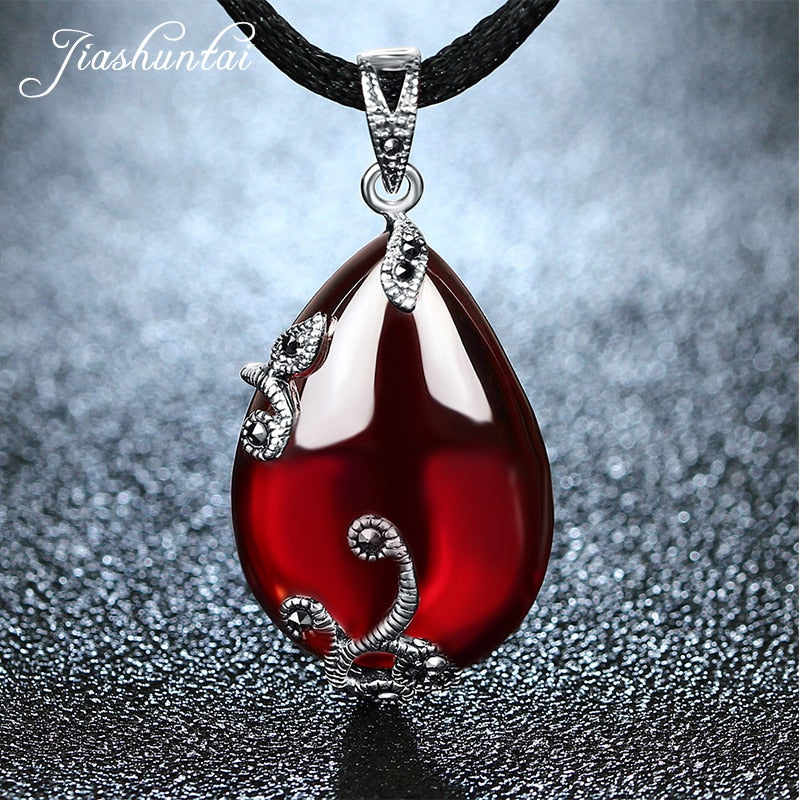 JIASHUNTAI Retro Roter Granat Edelstein 925 Silber Sterling Anhänger Halskette Weiblicher Silberschmuck Für Frauen Blumendesign