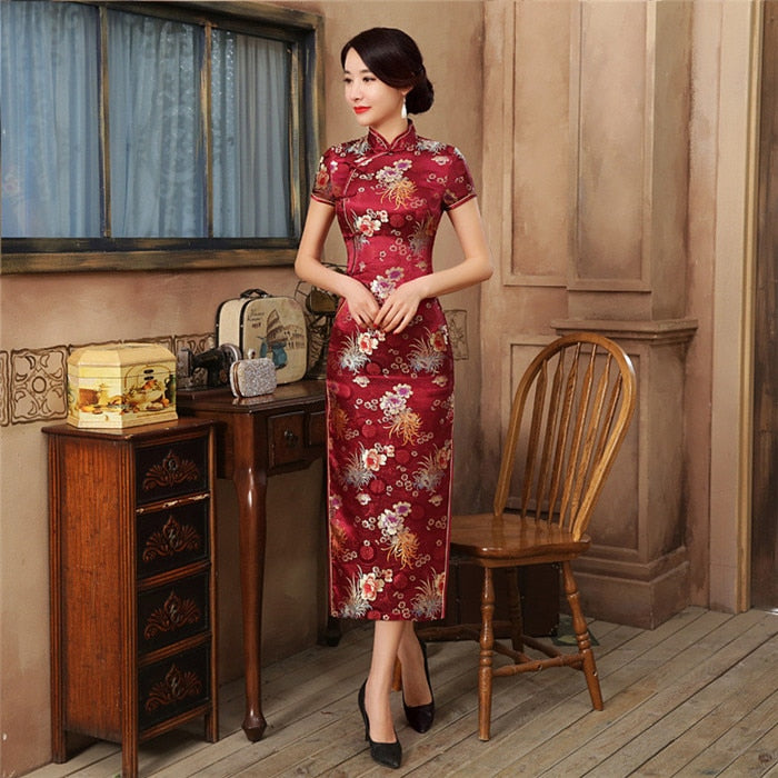 2021 nuevo Cheongsam de rayón verde de alta moda chino clásico Qipao de mujer elegante de manga corta novedad vestido largo S-3XL C0136-D