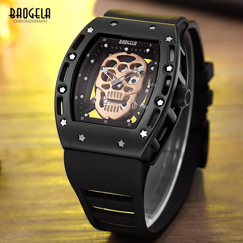 Baogela Fashion Mens Skeleton Skull Luminous Quartz Watches Military Style Black Silicone Rectangle Dial Wristwatch for Man1612