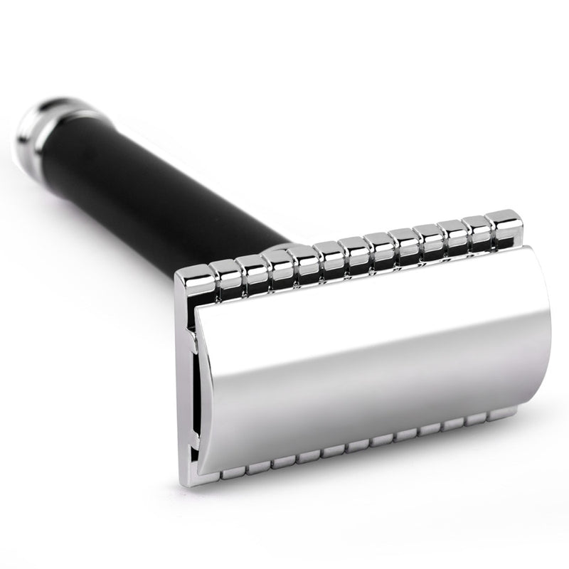 Qshave Men Manual Shaving Razor Classic Safety Razor Black Handle Double Edge Blade Stainless Steel Metal with 5 blades as gift