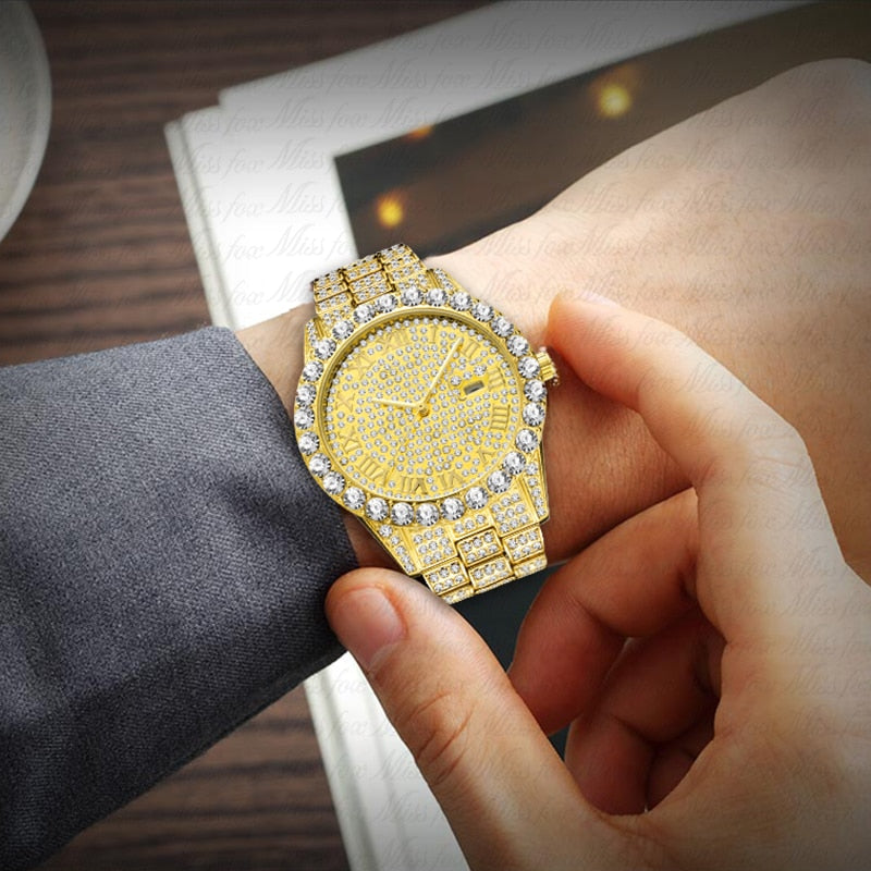 Reloj MISSFOX para hombre 2020, los más vendidos, marca de lujo, esfera azul, oro, relojes de moda para hombre, pulsera grande de diamantes, reloj de lujo para hombre