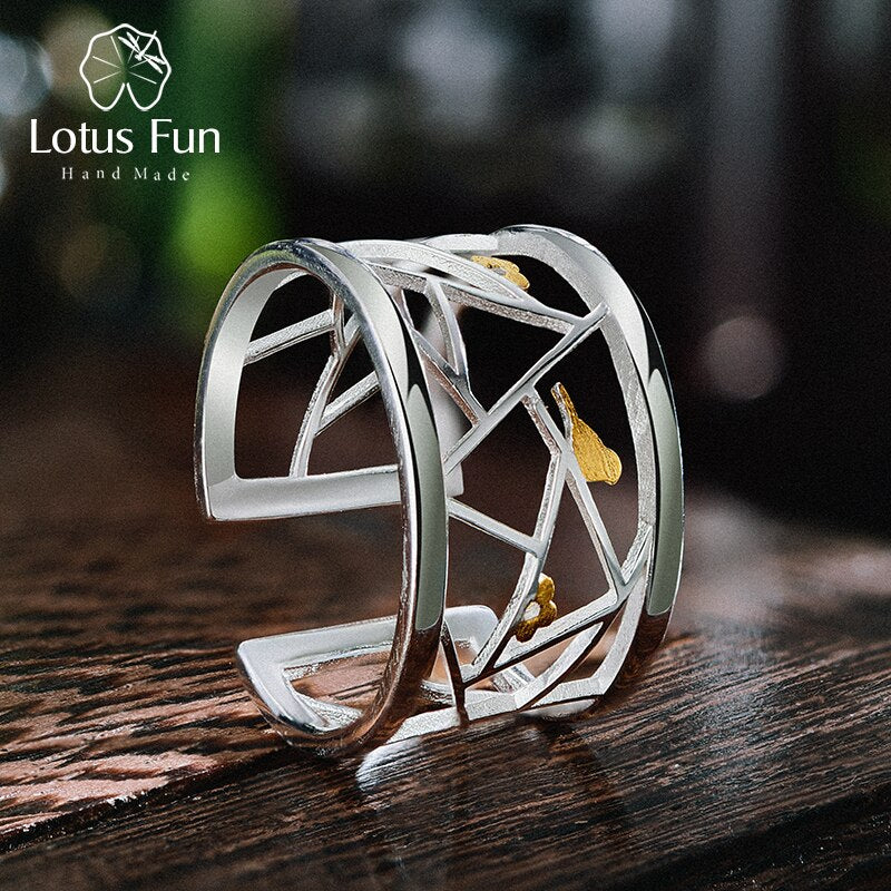 Lotus Fun echter offener Ring aus 925er Sterlingsilber, feiner Schmuck, orientalisches Element, Fensterdekoration, Papierschnitt-Design, Ringe für Frauen
