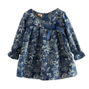 2021 Spring Autumn 2-10T Years Child Kids Birthday Gift O Neck Long-Sleeve Flower Print Denim Blue Colour Bow Cute Girls Shirt