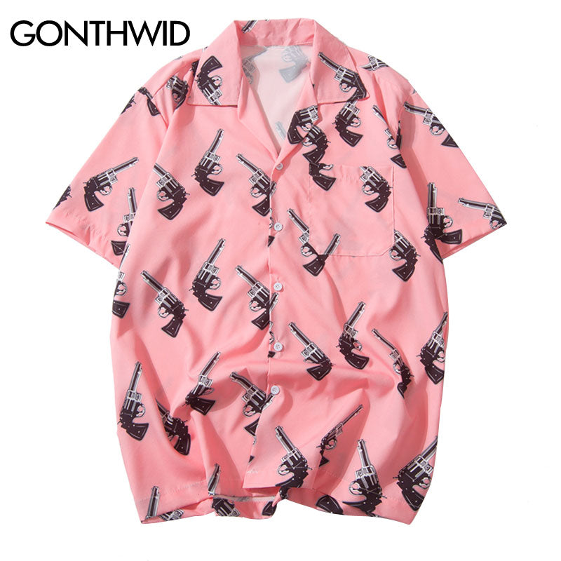 GONTHWID pistola estampado rosa playa hawaiana Aloha camisas 2022 verano hombres Casual manga corta camisa moda masculina camisas Tops