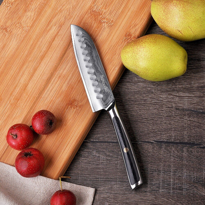 SUNNECKO Professionelles Santoku-Messer, 12,7 cm, japanische VG10-Kern-Damaststahlklinge, Küchenmesser, G10-Griff, Gemüse-Fleischschneider